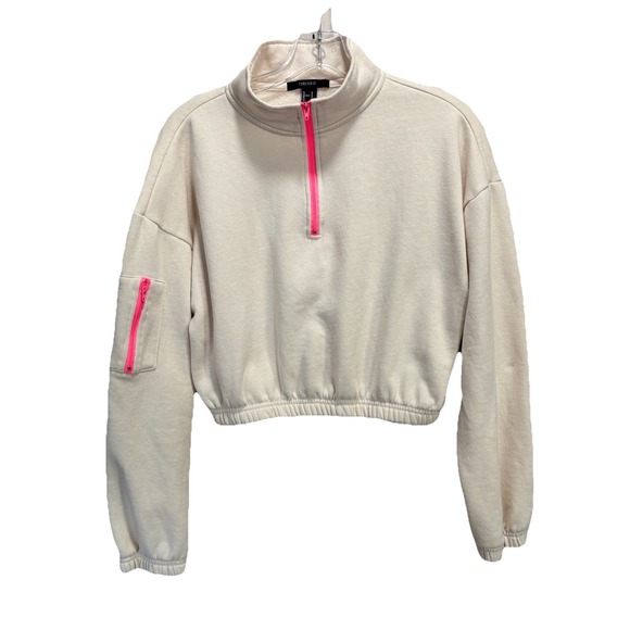 Forever 21 Cream/Hot Pink Crop 1/4 Zip Sweatshirt Size M Long Sleeve Collar - Picture 1 of 6